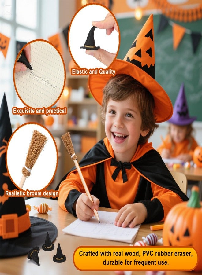 Fuyoooo 24 Pcs Witch Party Favors Set with 12 3D Small Witch Hat Eraser 12 Broom Broomstick Pencils for Wizard Party Favors Gifts Decoration Kids Classroom Reward Supplies (Broom Pen,Khaki) - Image 2
